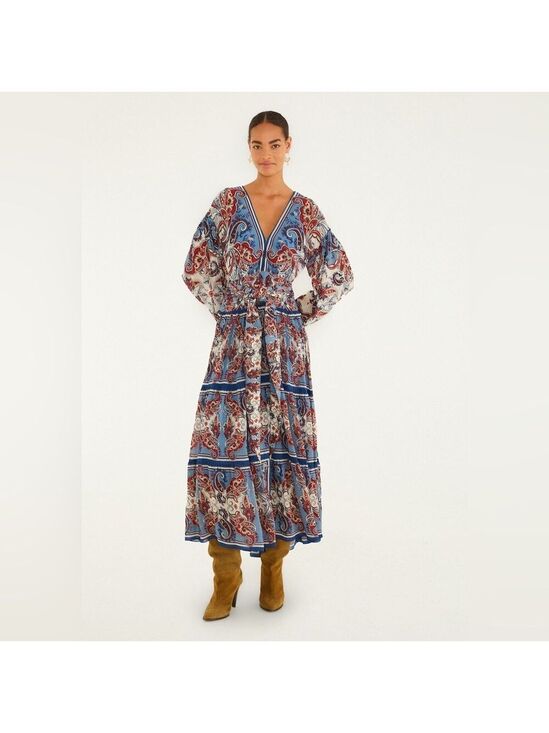 FARM Rio Dresses & Skirts - Farm Rio Blue Paisley Scarf Long Sleeve Maxi Dress